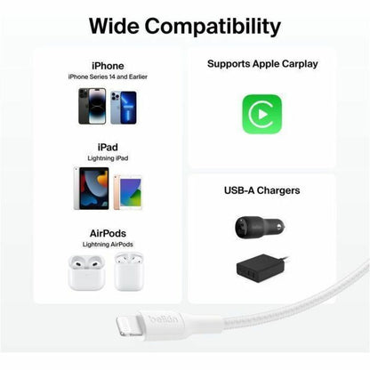 Belkin Braided USB-A Cable with Lightning Connector, 6.6ft/2m, White - CAA020fq2MWH