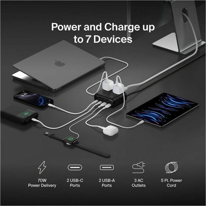 Belkin 3-Outlet Charging Station w/ 2x USB-A & 2x USB-C Ports 70W - 5ft/1.5m Cord - Straight Plug - Black - SRZ001tt5