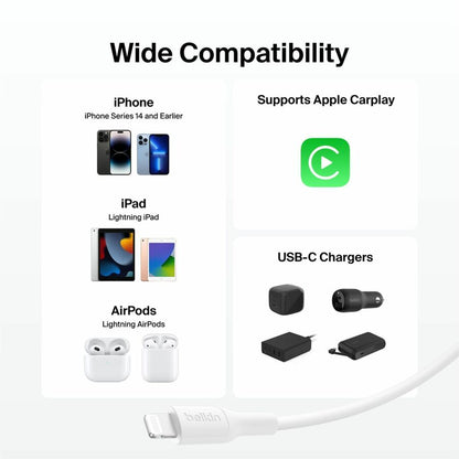 Belkin BoostCharge Pro USB-C Braided Cable with Lightning Connector, 3.3ft/1m, White - CAA022fq1MWH