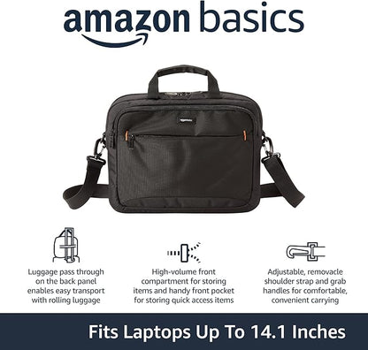 Amazon Basics Laptop Tablet Carrying Case with Shoulder Strap and Grab Handles, 14-inch, Black, Compartments for Storage