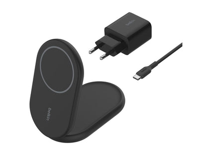 Belkin BoostCharge - Wireless charging stand - magnetic, foldable, with Qi2 + AC power adapter - 15 Watt - 3 A - Fast Charge, WIB007TTBK