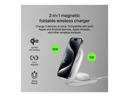 Belkin - Wireless charging stand - magnetic, foldable, with Qi2 + AC power adapter - 15 Watt - Fast Charge - white WIZ028TTWH