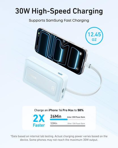 Anker Zolo Power Bank (10K, 30W) with a 5.4-inch (13.7 cm) built-in USB-C cable.